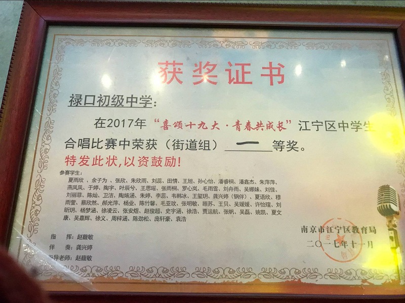 我校合唱团获2017年喜颂十九大青春共成长江宁区中学生合唱比赛一等奖